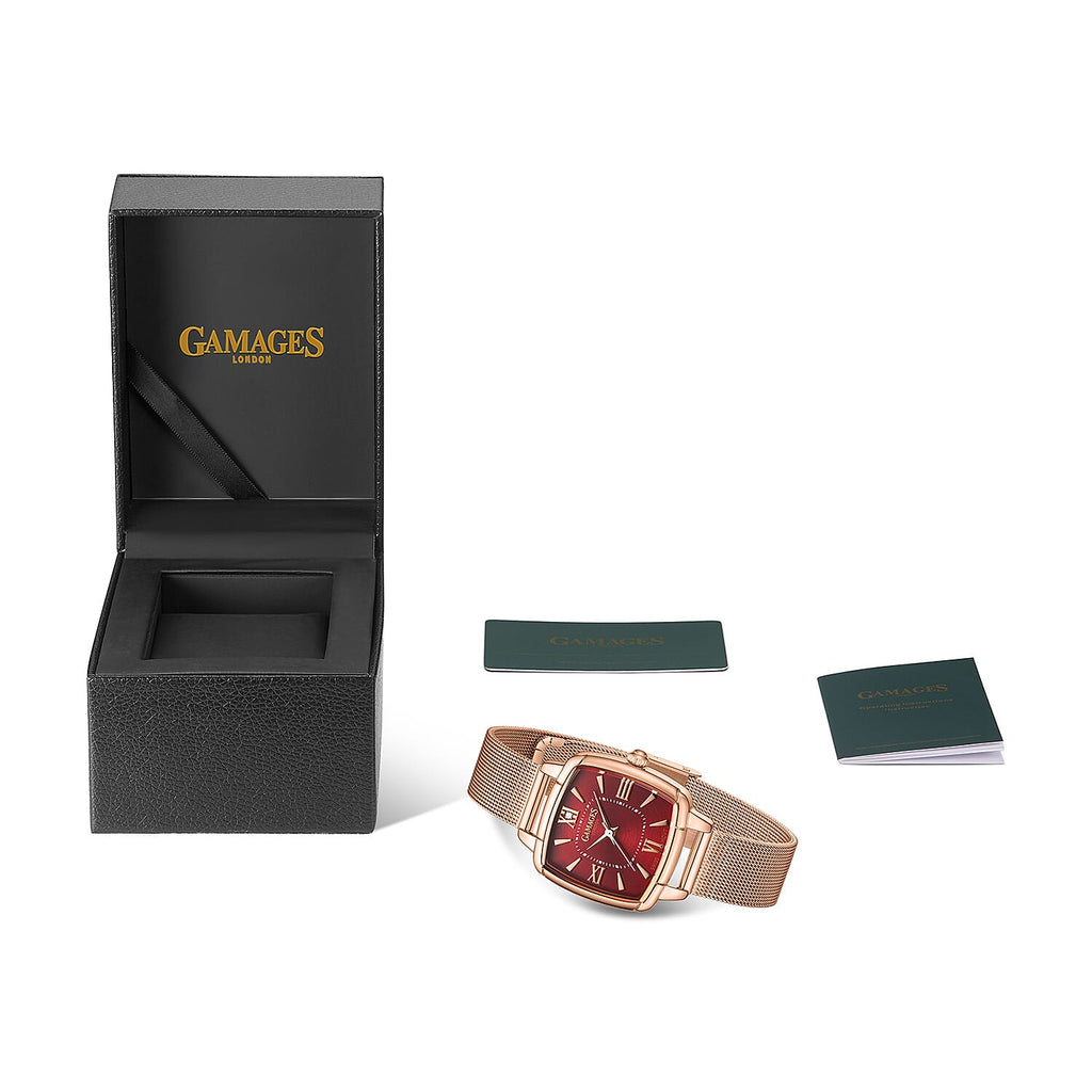 GAMAGES OF LONDON Ladies Duchess Swiss Quartz Movement Diamond Studded Red Dial Water Resistant Watch with Rose Mesh Bracelet