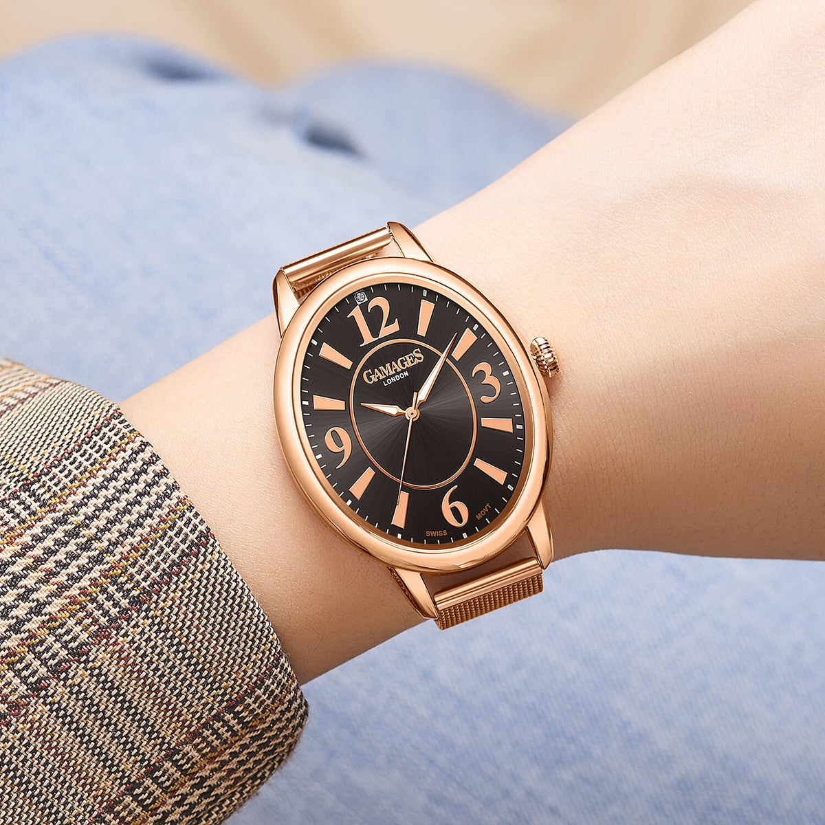 GAMAGES OF LONDON Ladies Dusk In Swiss Quartz Movement Diamond Studded Watch with Yellow Gold Colour Mesh Bracelet 8835116 1