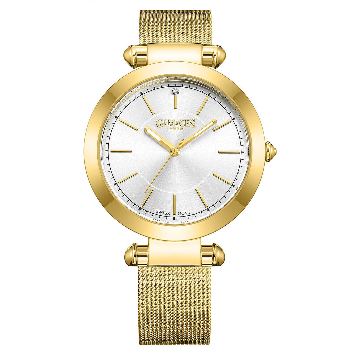 GAMAGES OF LONDON Ladies GEM Swiss Quartz Water Resistant Diamond Studded Watch in Stainless Steel in Gold White V32537726 0