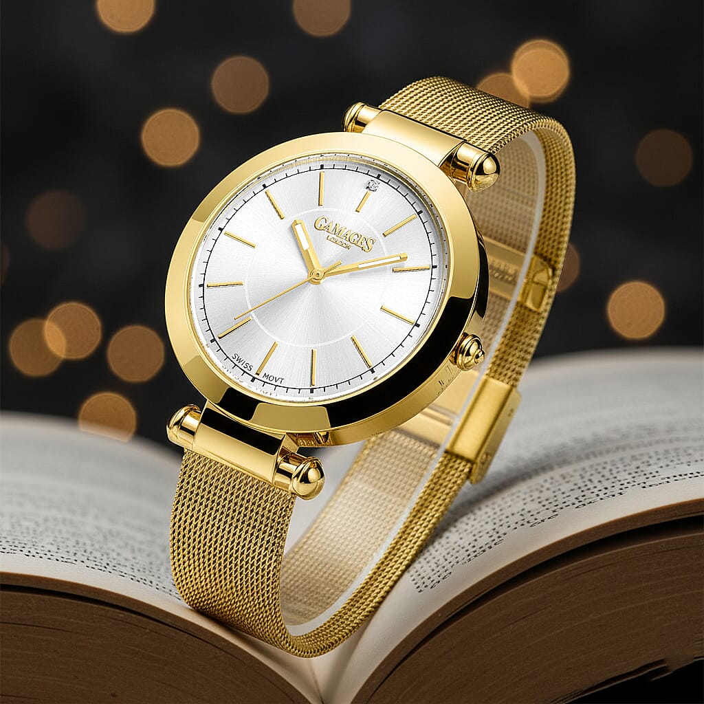 GAMAGES OF LONDON Ladies GEM Swiss Quartz Water Resistant Diamond Studded Watch in Stainless Steel in Gold White V32537726 1