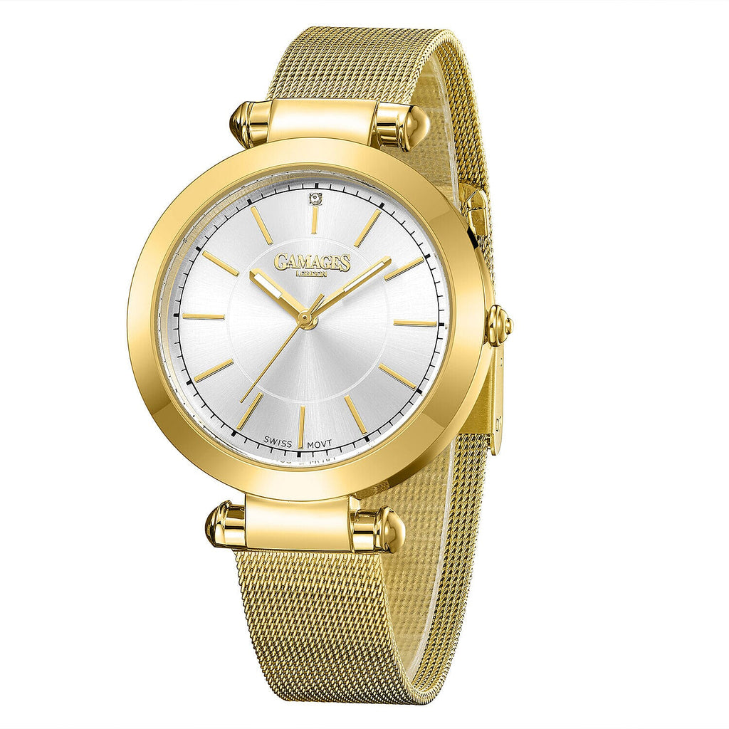 GAMAGES OF LONDON Ladies GEM Swiss Quartz Water Resistant Diamond Studded Watch in Stainless Steel in Gold White