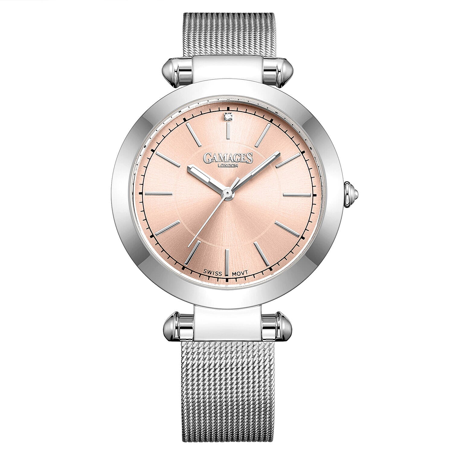GAMAGES OF LONDON Ladies GEM Swiss Quartz Water Resistant Diamond Studded Watch in Stainless Steel in Silver Pink 7489243 0