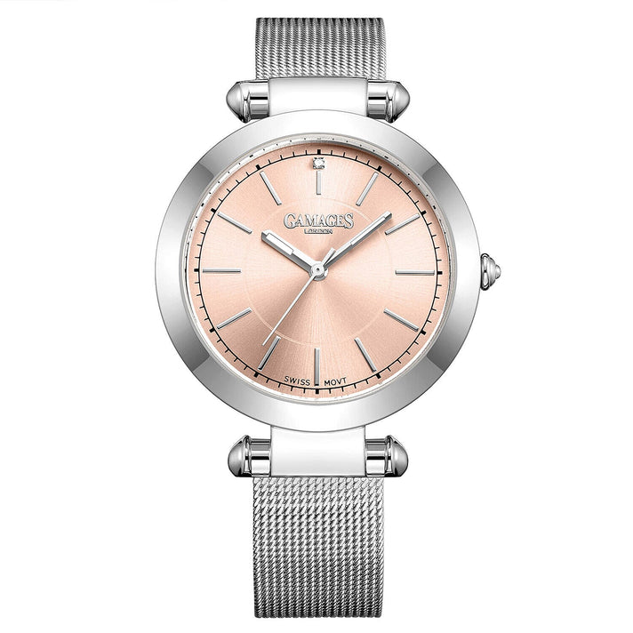 GAMAGES OF LONDON Ladies GEM Swiss Quartz Water Resistant Diamond Studded Watch in Stainless Steel in Silver Pink 7489243 1