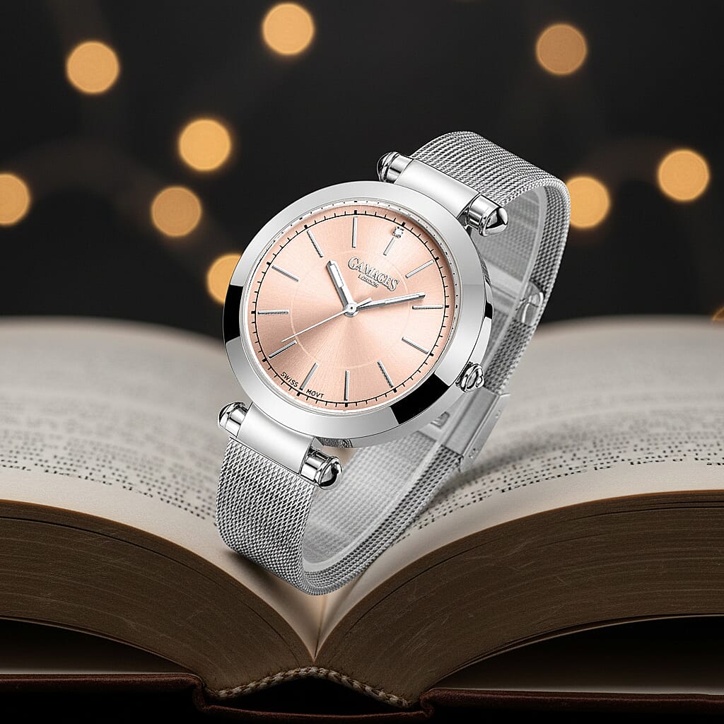 GAMAGES OF LONDON Ladies GEM Swiss Quartz Water Resistant Diamond Studded Watch in Stainless Steel in Silver Pink 7489243 1