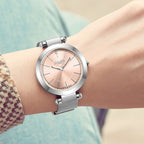 GAMAGES OF LONDON Ladies GEM Swiss Quartz Water Resistant Diamond Studded Watch in Stainless Steel in Silver Pink
