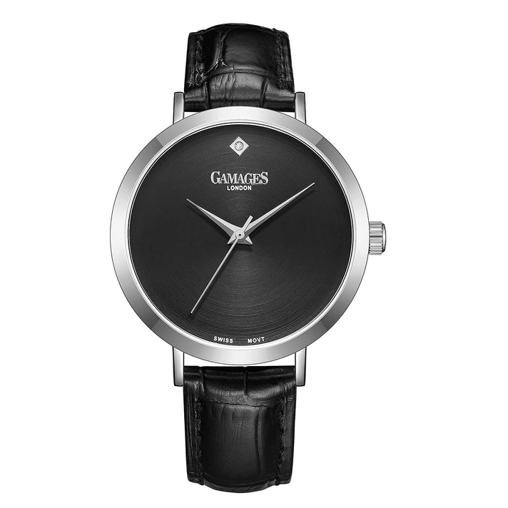 GAMAGES OF LONDON Ladies Nebula Automatic Movement Black Dial Diamond Studded Water Resistant Watch with Black Leather Strap 7132966 1