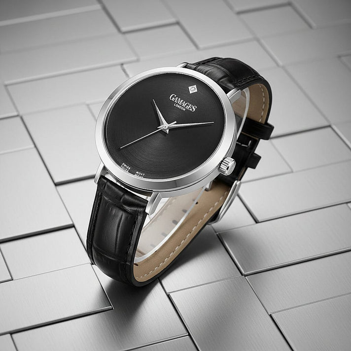 GAMAGES OF LONDON Ladies Nebula Automatic Movement Black Dial Diamond Studded Water Resistant Watch with Black Leather Strap 7132966 2