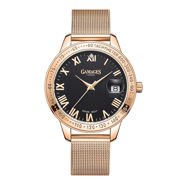 GAMAGES OF LONDON Ladies Refined Timer Black Dial Diamond Studded Water Resistant Watch with Mesh Bracelet in Rose Gold Tone 7281658 1