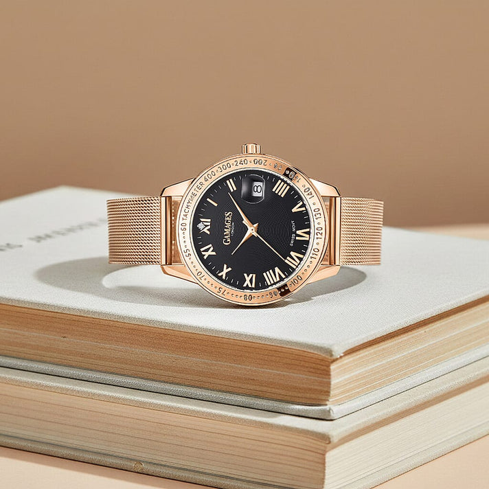 GAMAGES OF LONDON Ladies Refined Timer Black Dial Diamond Studded Water Resistant Watch with Mesh Bracelet in Rose Gold Tone 7281658 2
