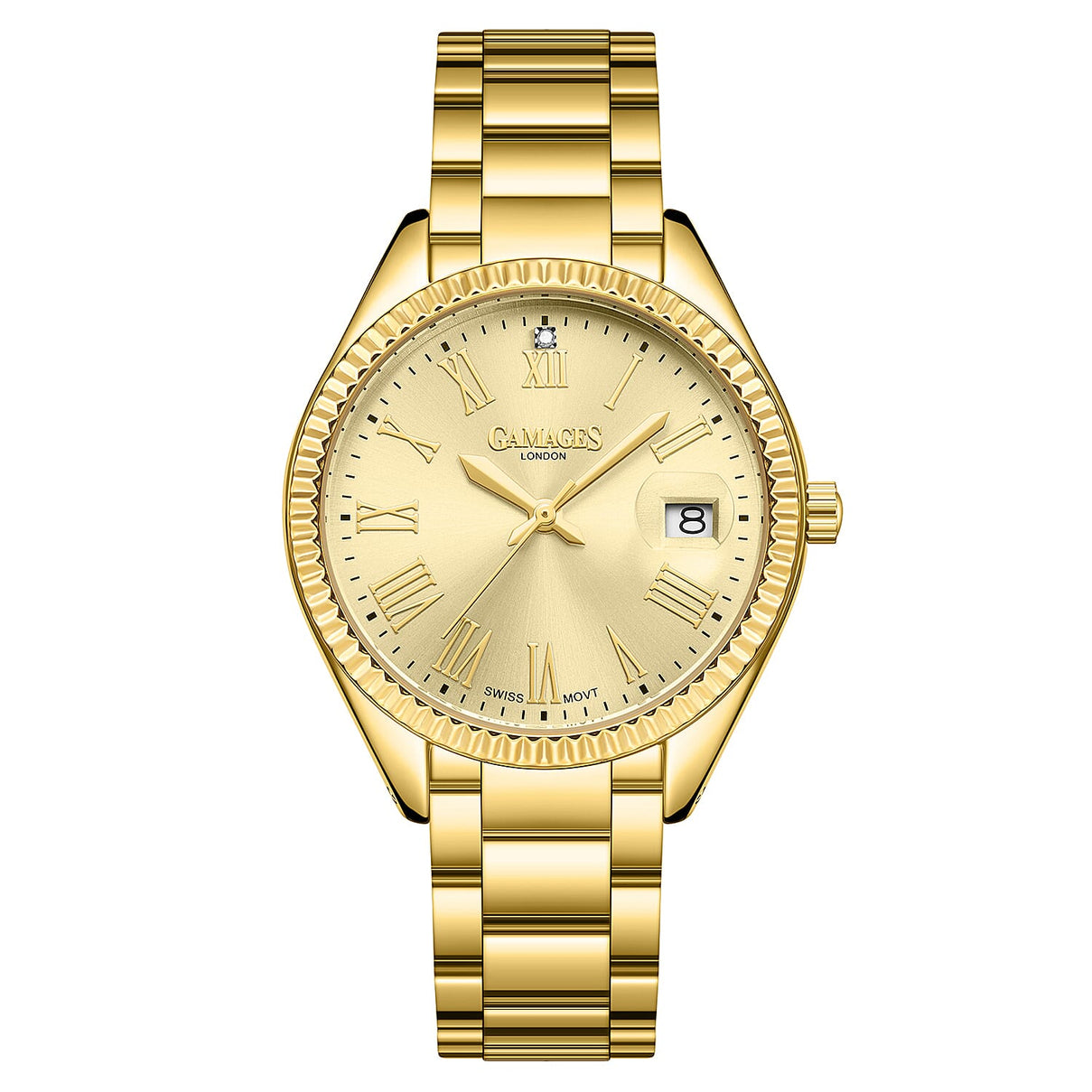GAMAGES OF LONDON Ladies Regal Diamond Swiss Movement Champagne Dial Water Resistant Watch with Yellow Gold Colour Chain Strap 7441261 0