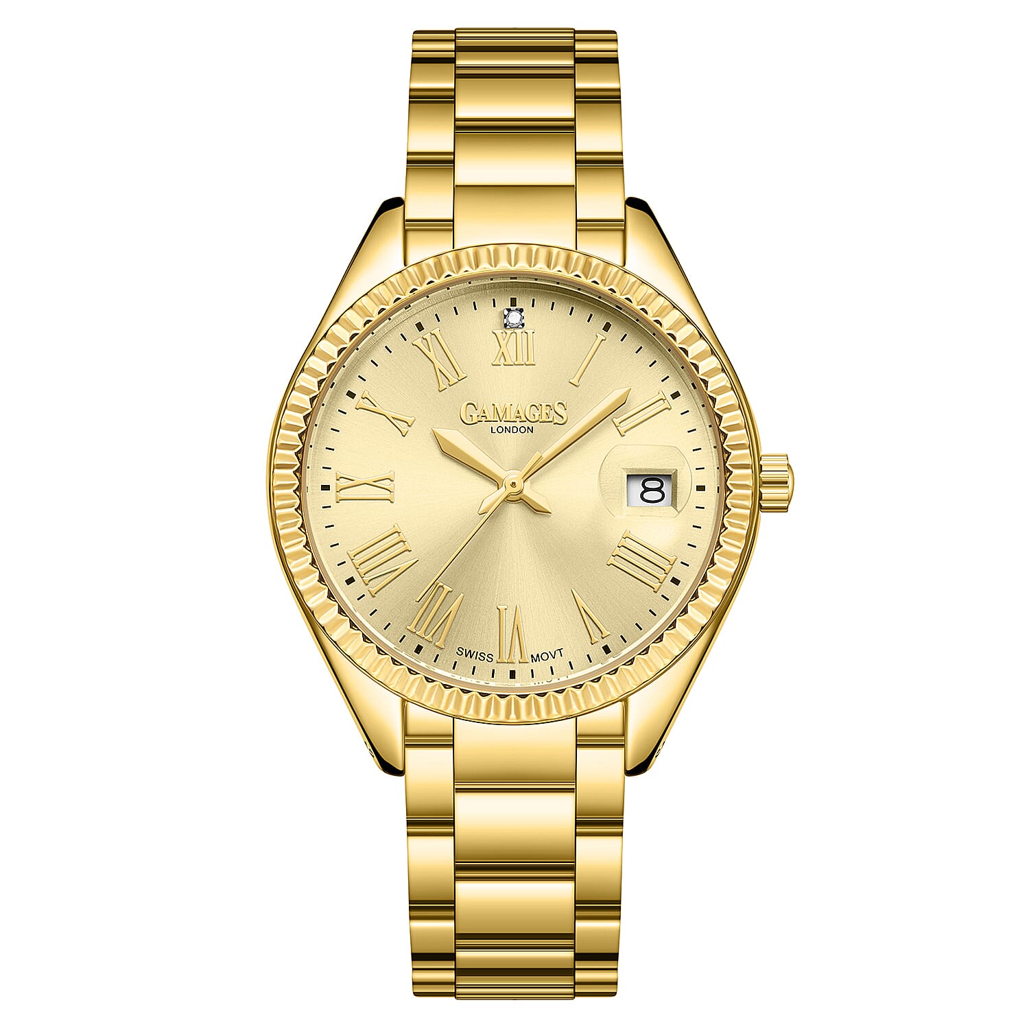 GAMAGES OF LONDON Ladies Regal Diamond Swiss Movement Champagne Dial Water Resistant Watch with Yellow Gold Colour Chain Strap 7441261 0