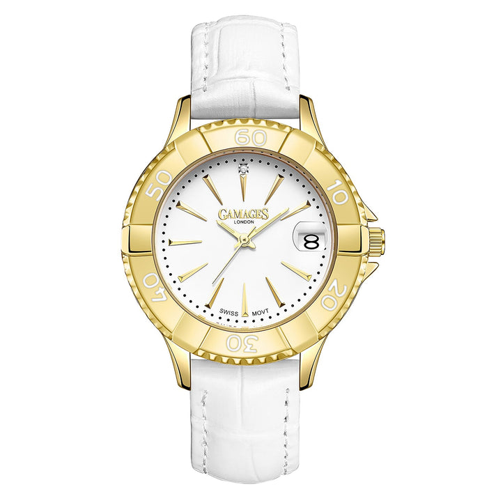 GAMAGES OF LONDON Ladies Vibrant Counter Ladies Swiss Ronda Movement White Dial Water Resistant Watch with White Colour Leather Strap 7023582 1