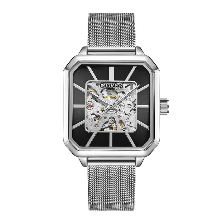 GAMAGES OF LONDON Ladies Vivid Skeleton Automatic Movement Black Dial Water Resistant Watch with Silver Colour Bracelet 8892591 1