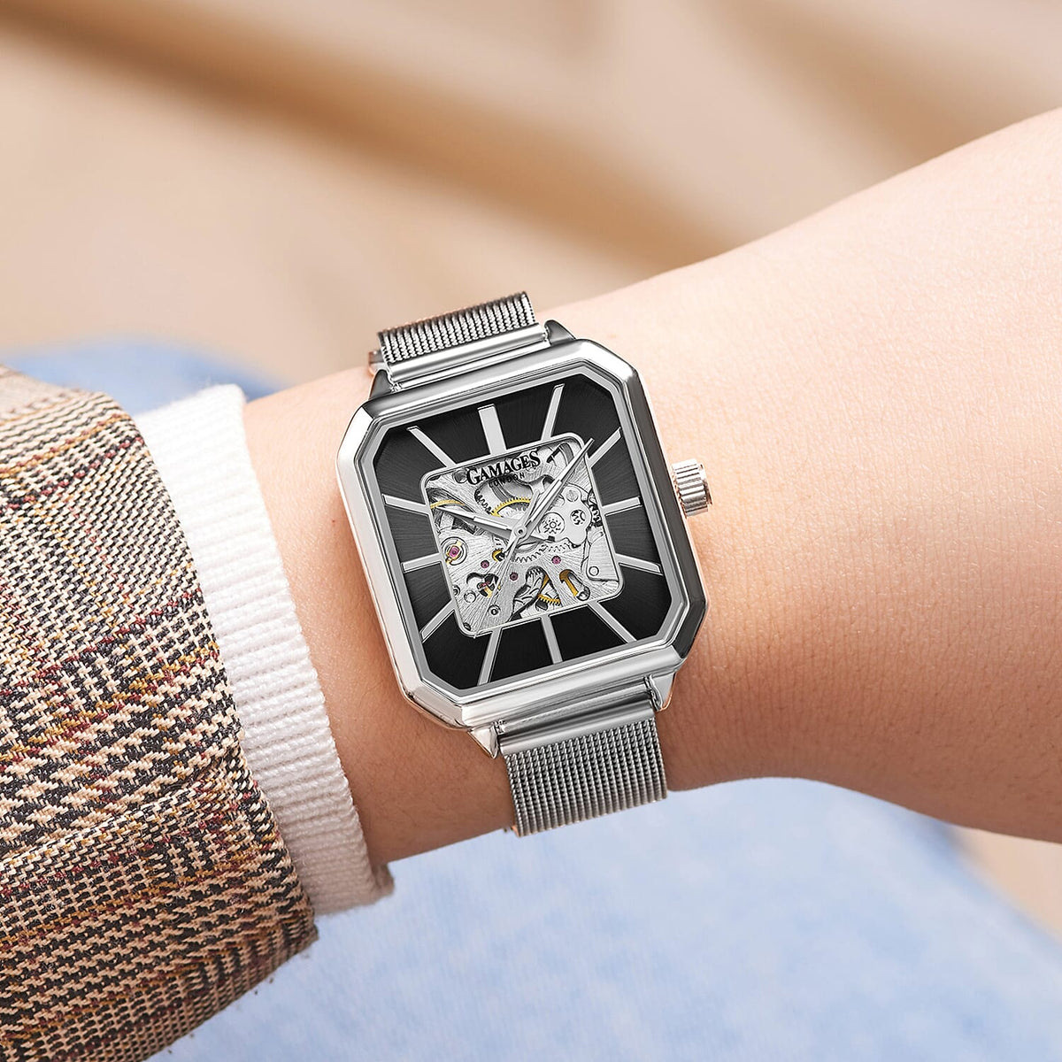 GAMAGES OF LONDON Ladies Vivid Skeleton Automatic Movement Black Dial Water Resistant Watch with Silver Colour Bracelet 8892591 1