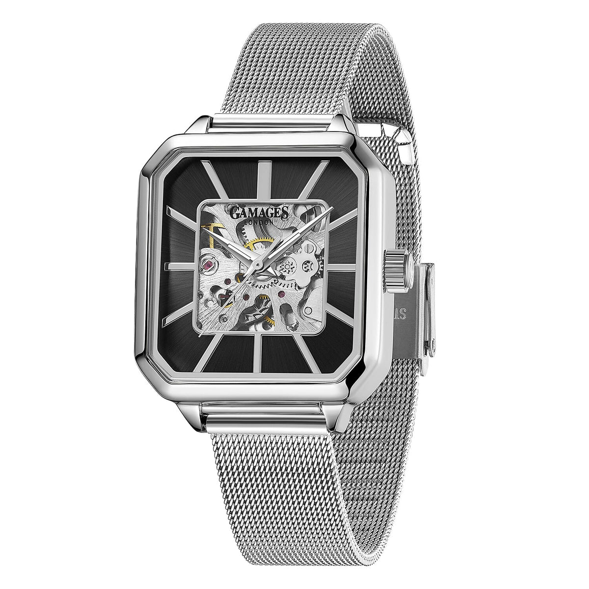 GAMAGES OF LONDON Ladies Vivid Skeleton Automatic Movement Black Dial Water Resistant Watch with Silver Colour Bracelet 8892591 3