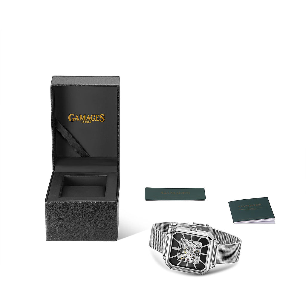 Gamages Of London Ladies Vivid Skeleton Automatic Movement Black Dial Water Resistant Watch with Silver Colour Bracelet