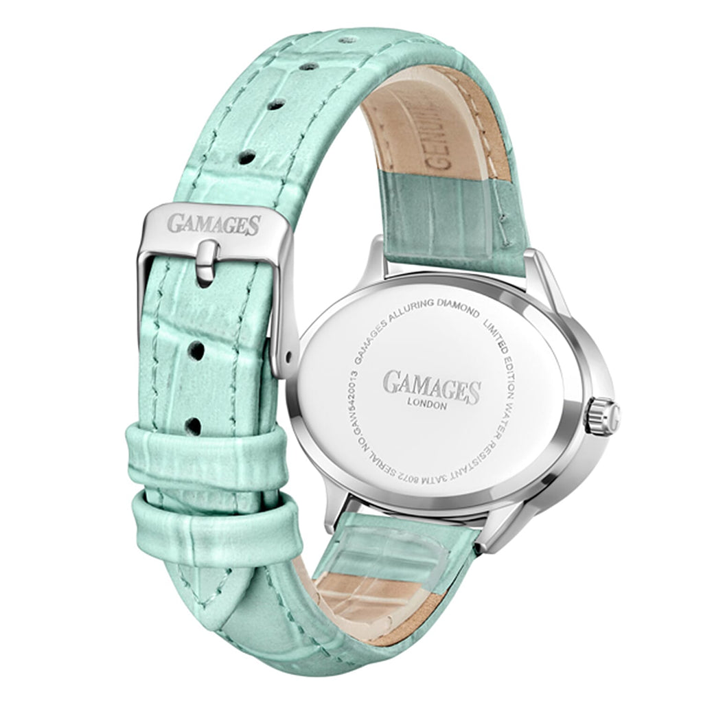 GAMAGES OF LONDON Limited Edition Alluring Diamond Swiss  Movement Water Resistant Ladies Watch with Teal Leather Strap - 5 Year Warranty