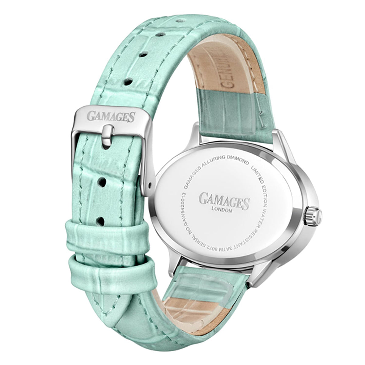 GAMAGES OF LONDON Limited Edition Alluring Diamond Swiss  Movement Water Resistant Ladies Watch with Teal Leather Strap - 5 Year Warranty V32626700 3