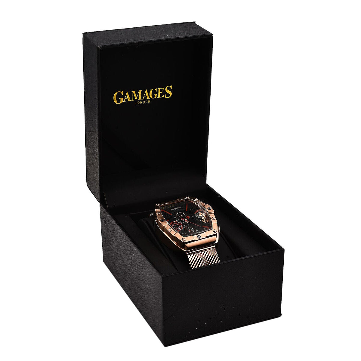 GAMAGES OF LONDON Limited Edition Hand Assembled Automatic Movement Watch - Black and Rose gold 7618780 9