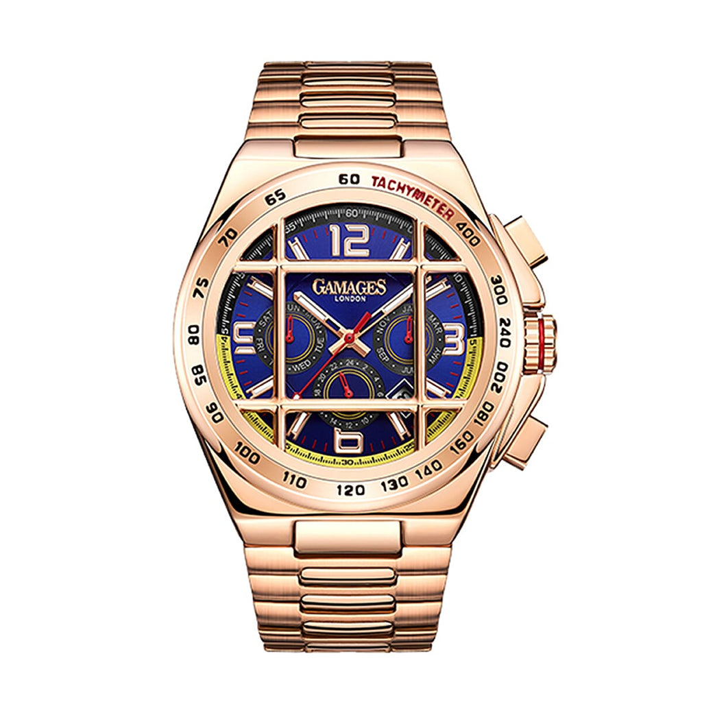 GAMAGES OF LONDON Limited Edition Hand Assembled Bastion Automatic Movement Blue Dial Water Resistant Watch in Gold Colour Chain Strap