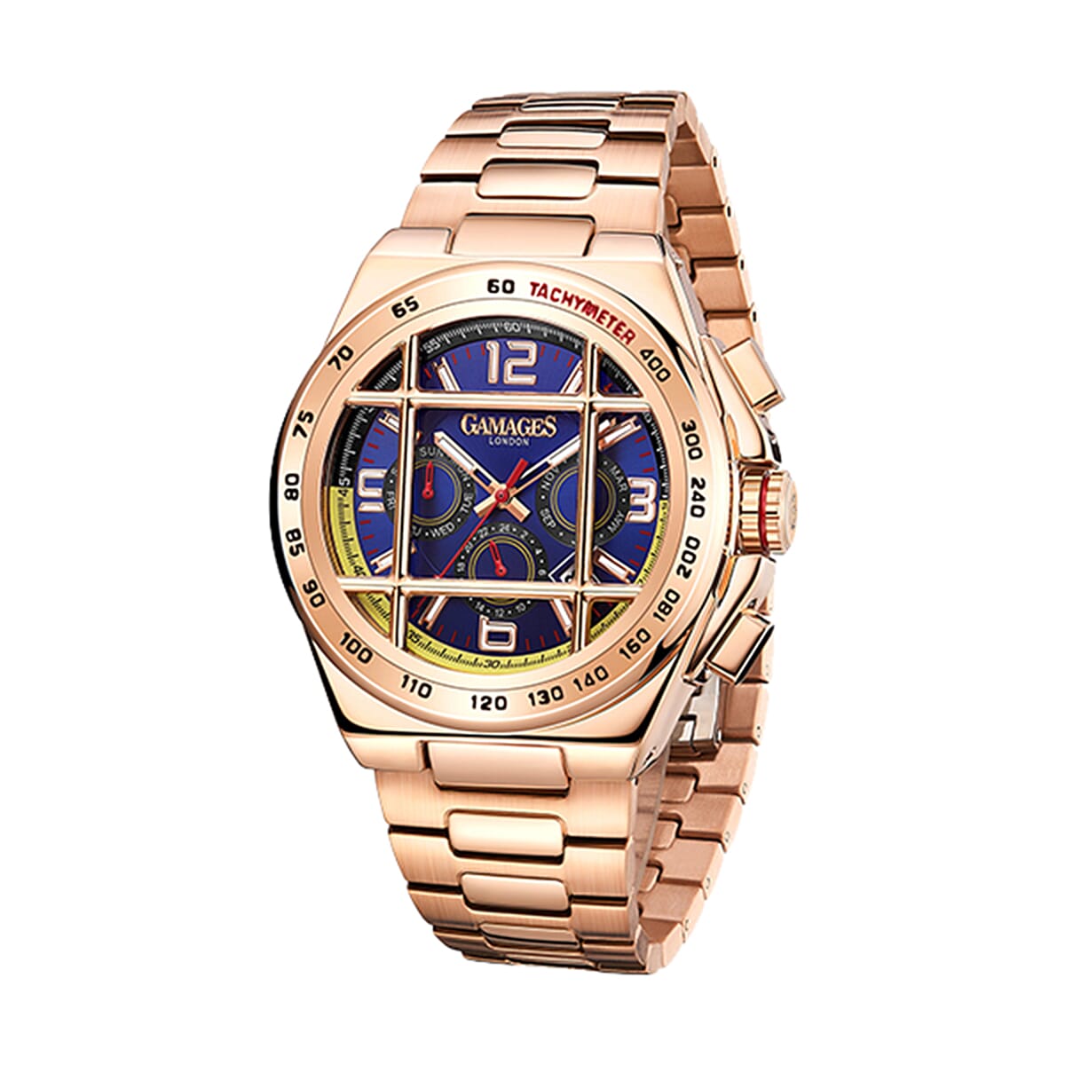 GAMAGES OF LONDON Limited Edition Hand Assembled Bastion Automatic Movement Blue Dial Water Resistant Watch in Gold Colour Chain Strap 6085943 1