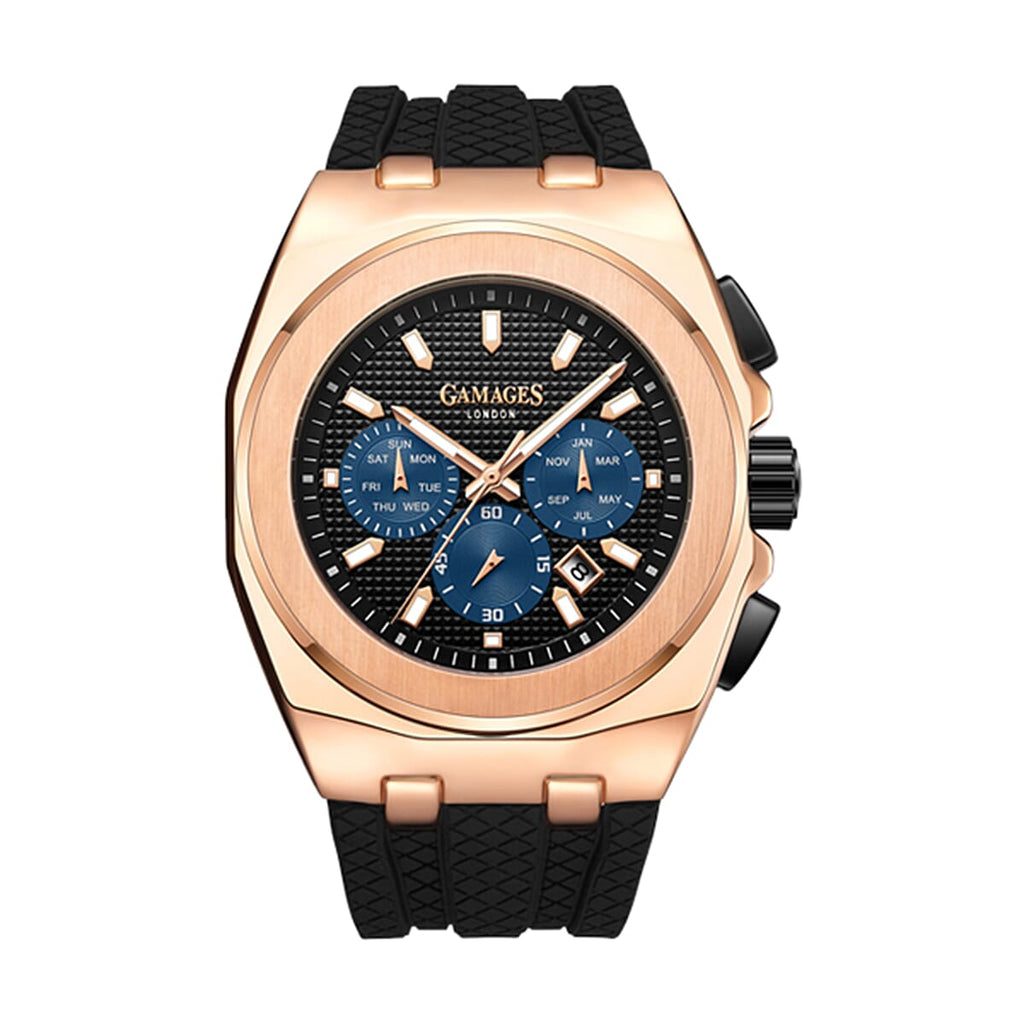 GAMAGES OF LONDON Hand Assembled Commander Automatic Movement Rose Colour Case Water Resistant Watch with Black Silicone Strap