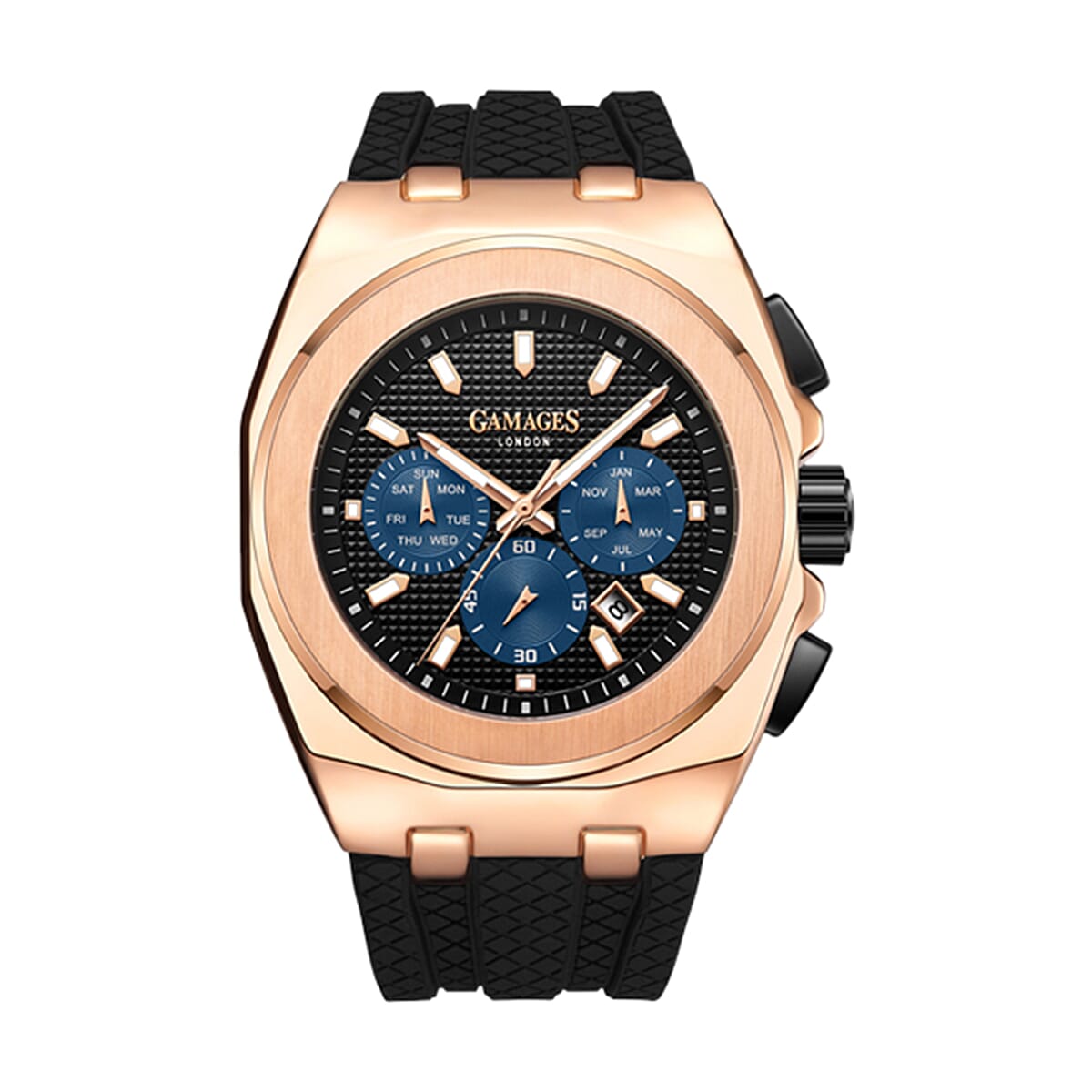 GAMAGES OF LONDON Limited Edition Hand Assembled Commander Automatic Movement Rose Colour Case Water Resistant Watch with Black Silicone Strap 6085972 0