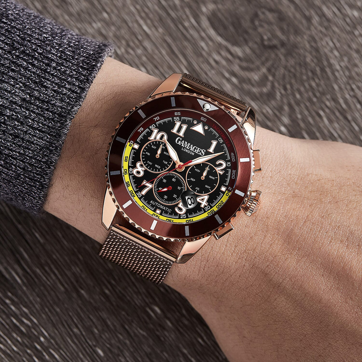 GAMAGES OF LONDON Limited Edition Hand Assembled Contemporary Sports Automatic Watch - Rose and Black 6072659 2