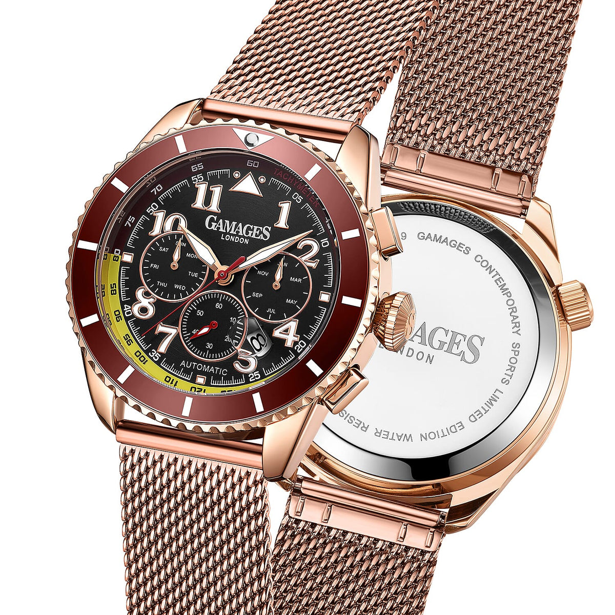 GAMAGES OF LONDON Limited Edition Hand Assembled Contemporary Sports Automatic Watch - Rose and Black 6072659 5