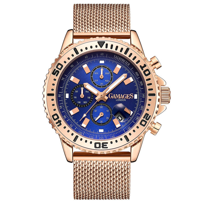 GAMAGES OF LONDON Limited Edition Hand Assembled Dominance Automatic Watch - Rose Gold and Blue 7084612 1