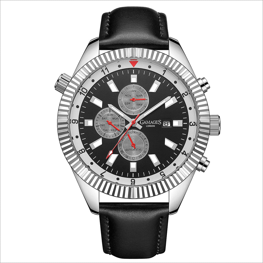 GAMAGES OF LONDON Hour Rotator Automatic Movement Black Dial Water Resistant Watch with Black Leather Strap