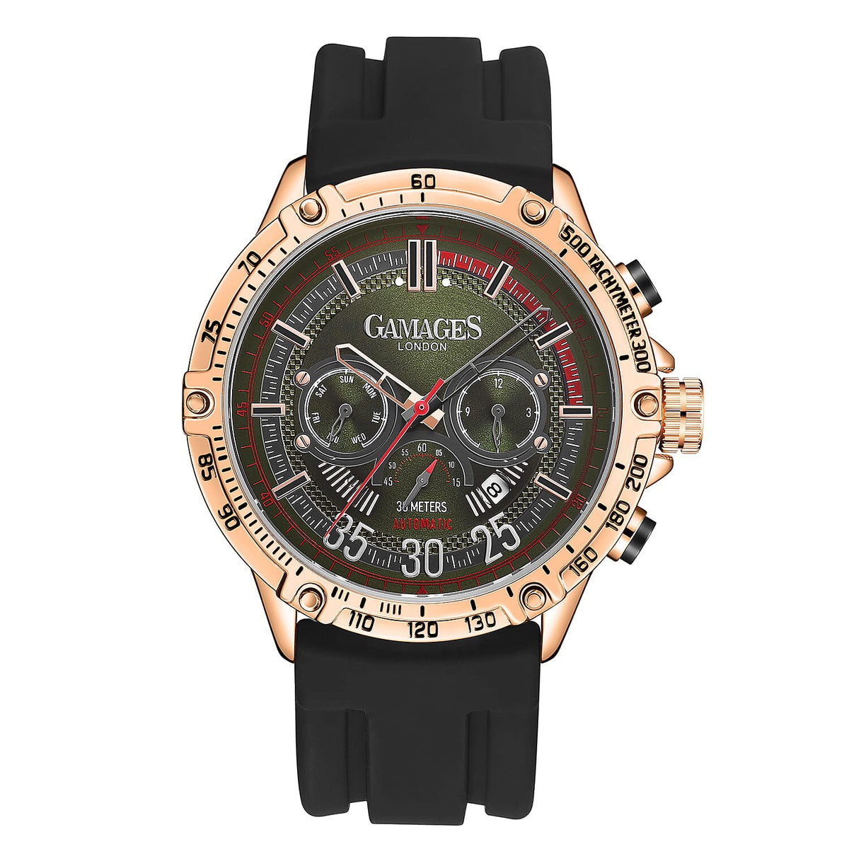 GAMAGES OF LONDON Limited Edition Hand Assembled Mechanical Racer Automatic Rose Gold Dial 3 ATM Water Resistant Watch with Black Strap 6254208 0