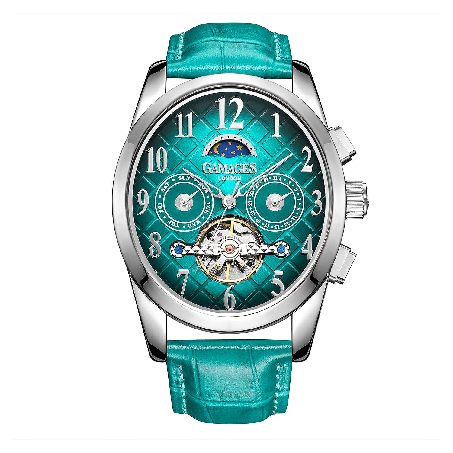 GAMAGES OF LONDON Limited Edition Hand Assembled Muse Automatic Silver Teal Mens Watch in Teal Leather Strap 7327072 0