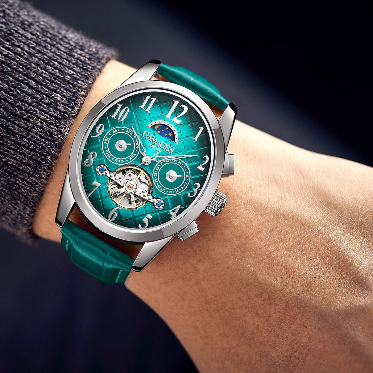 GAMAGES OF LONDON Limited Edition Hand Assembled Muse Automatic Silver Teal Mens Watch in Teal Leather Strap 7327072 1