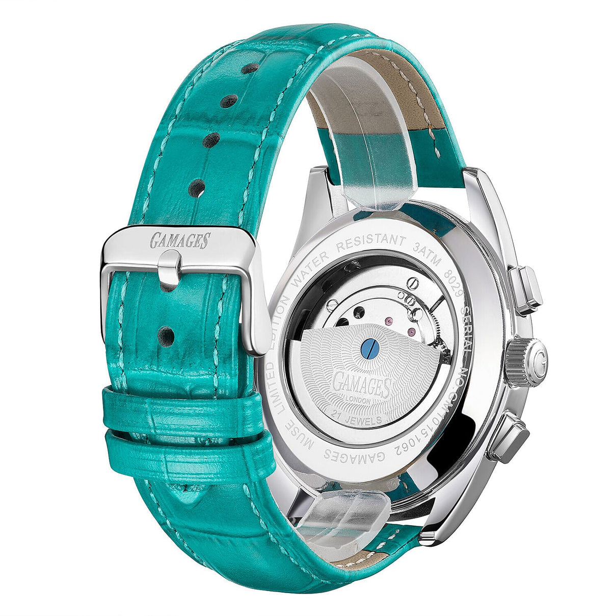 GAMAGES OF LONDON Limited Edition Hand Assembled Muse Automatic Silver Teal Mens Watch in Teal Leather Strap 7327072 2