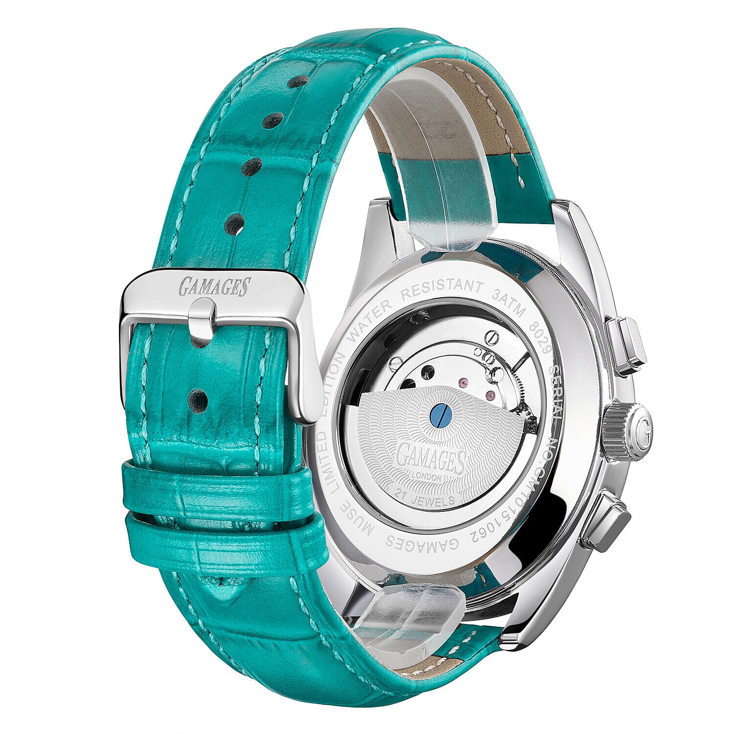GAMAGES OF LONDON Limited Edition Hand Assembled Muse Automatic Silver Teal Mens Watch in Teal Leather Strap 7327072 2