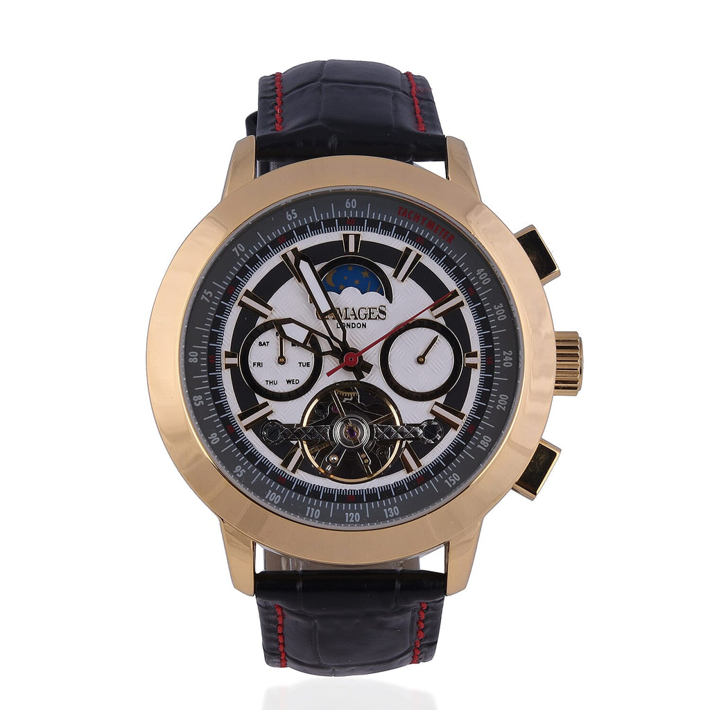 GAMAGES OF LONDON Limited Edition Hand Assembled Oscillator Automatic Movement White Dial Water Resistant Watch with Black Leather Strap - up to 9in
