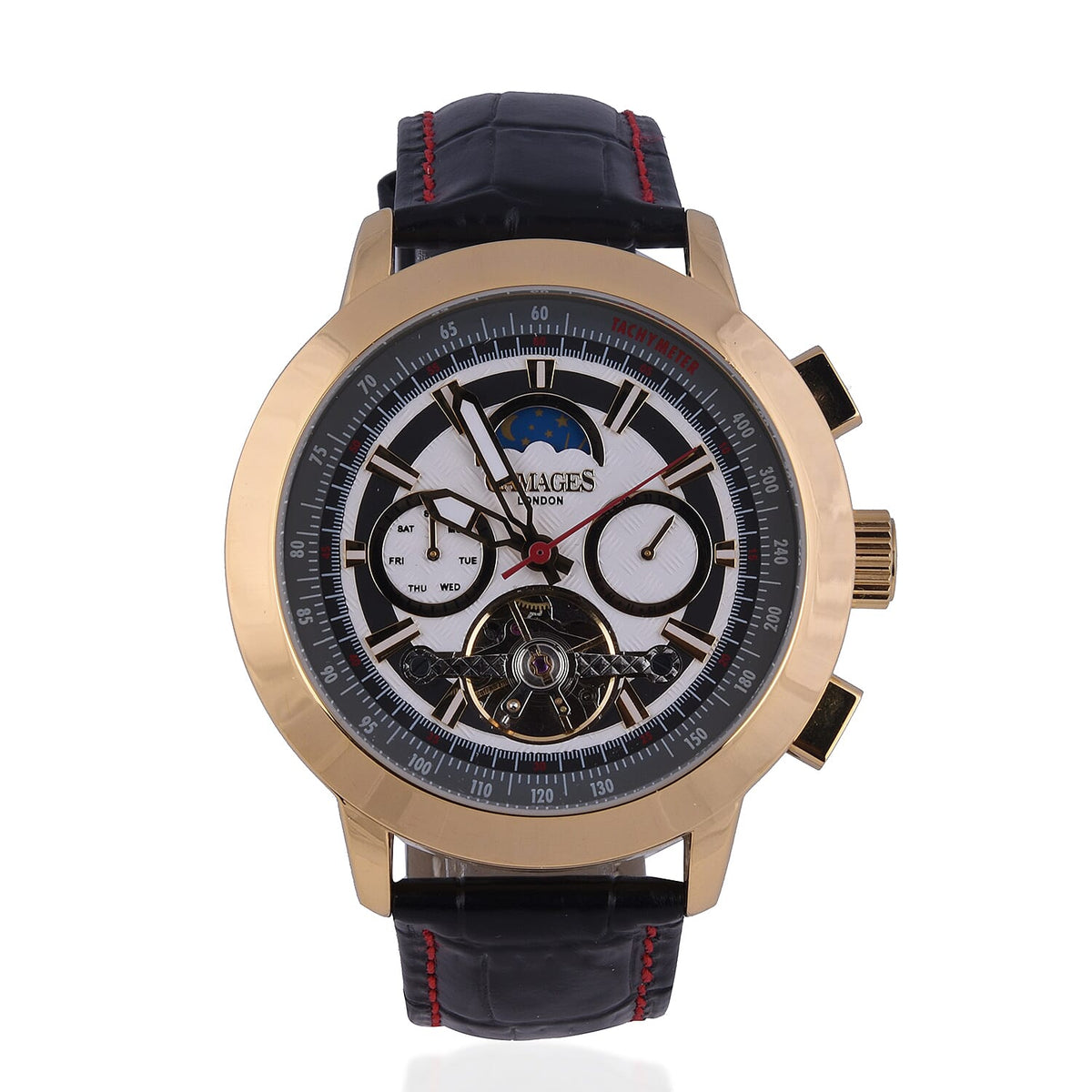GAMAGES OF LONDON Limited Edition Hand Assembled Oscillator Automatic Movement Red Dial Water Resistant Watch with Red Leather Strap - up to 9in 7278816 0