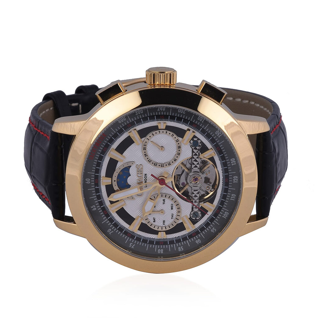 GAMAGES OF LONDON Limited Edition Hand Assembled Oscillator Automatic Movement White Dial Water Resistant Watch with Black Leather Strap - up to 9in