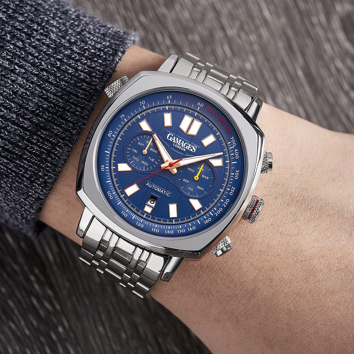 GAMAGES OF LONDON Limited Edition Hand Assembled Retro Automatic Watch - Blue and Silver 6884065 1