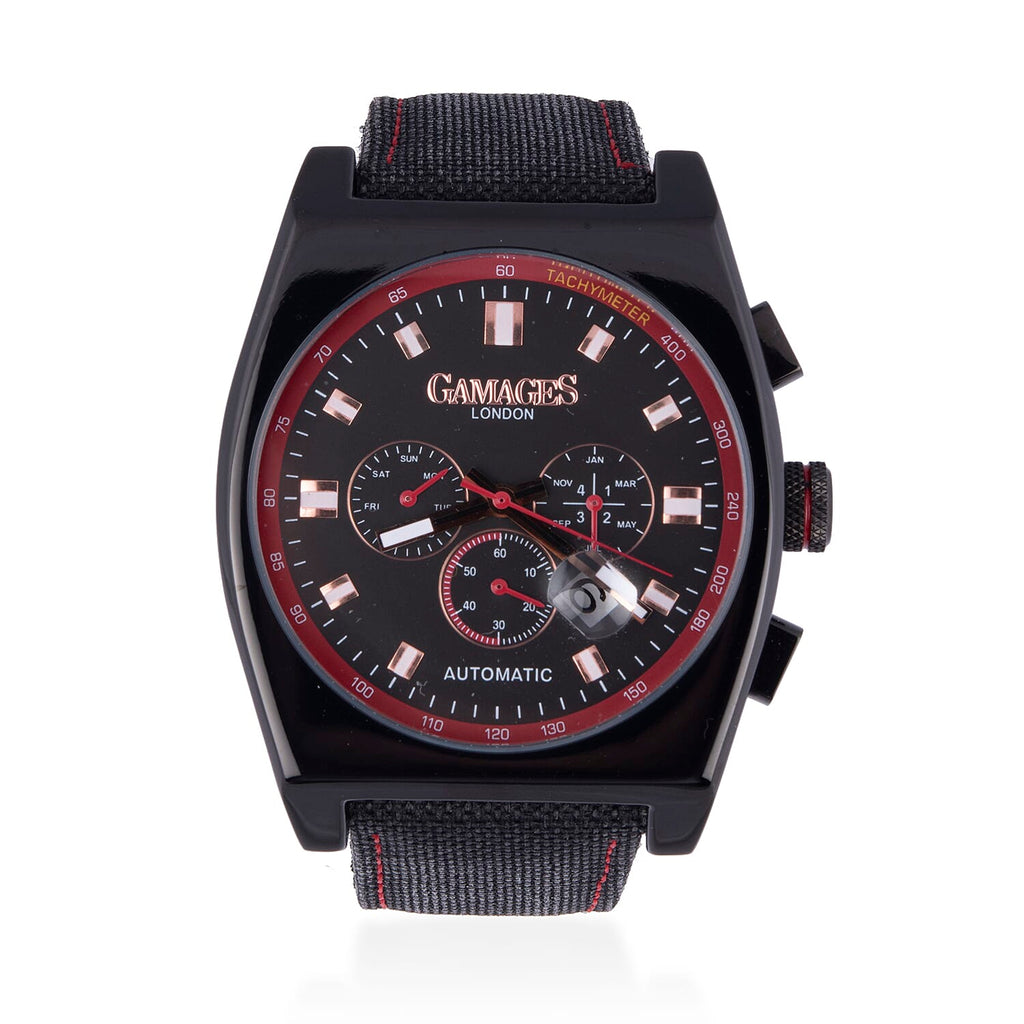 GAMAGES OF LONDON Limited Edition Hand Assembled Retro Calibre Automatic Watch in Black & Red
