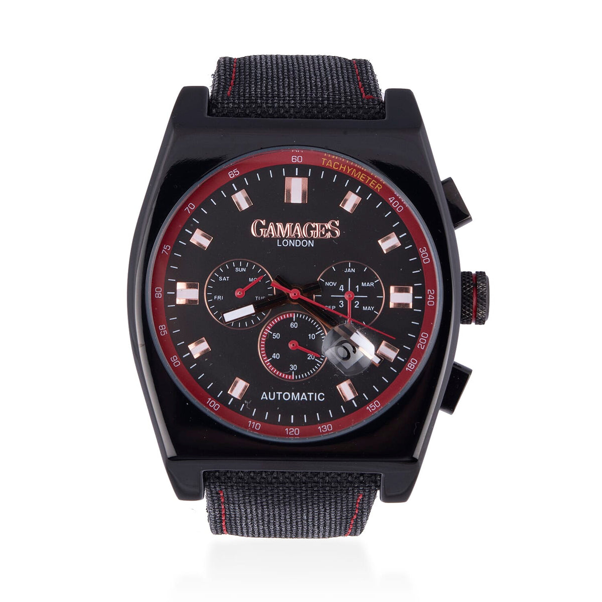 GAMAGES OF LONDON Limited Edition Hand Assembled Retro Calibre Automatic Watch in Black &amp; Red 6280708 0