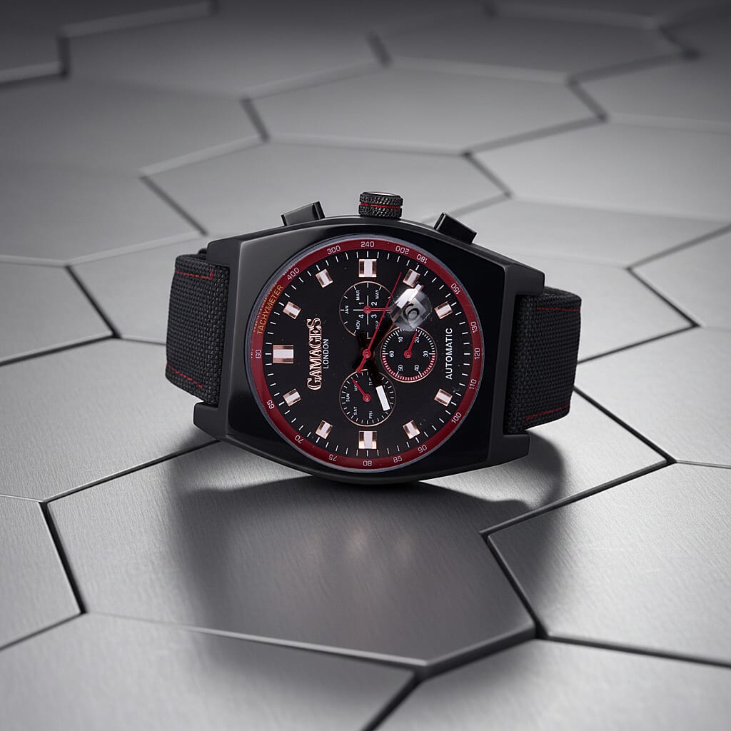 GAMAGES OF LONDON Limited Edition Hand Assembled Retro Calibre Automatic Watch in Black &amp; Red 6280708 1