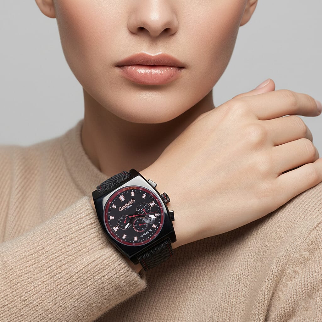 GAMAGES OF LONDON Limited Edition Hand Assembled Retro Calibre Automatic Watch in Black & Red
