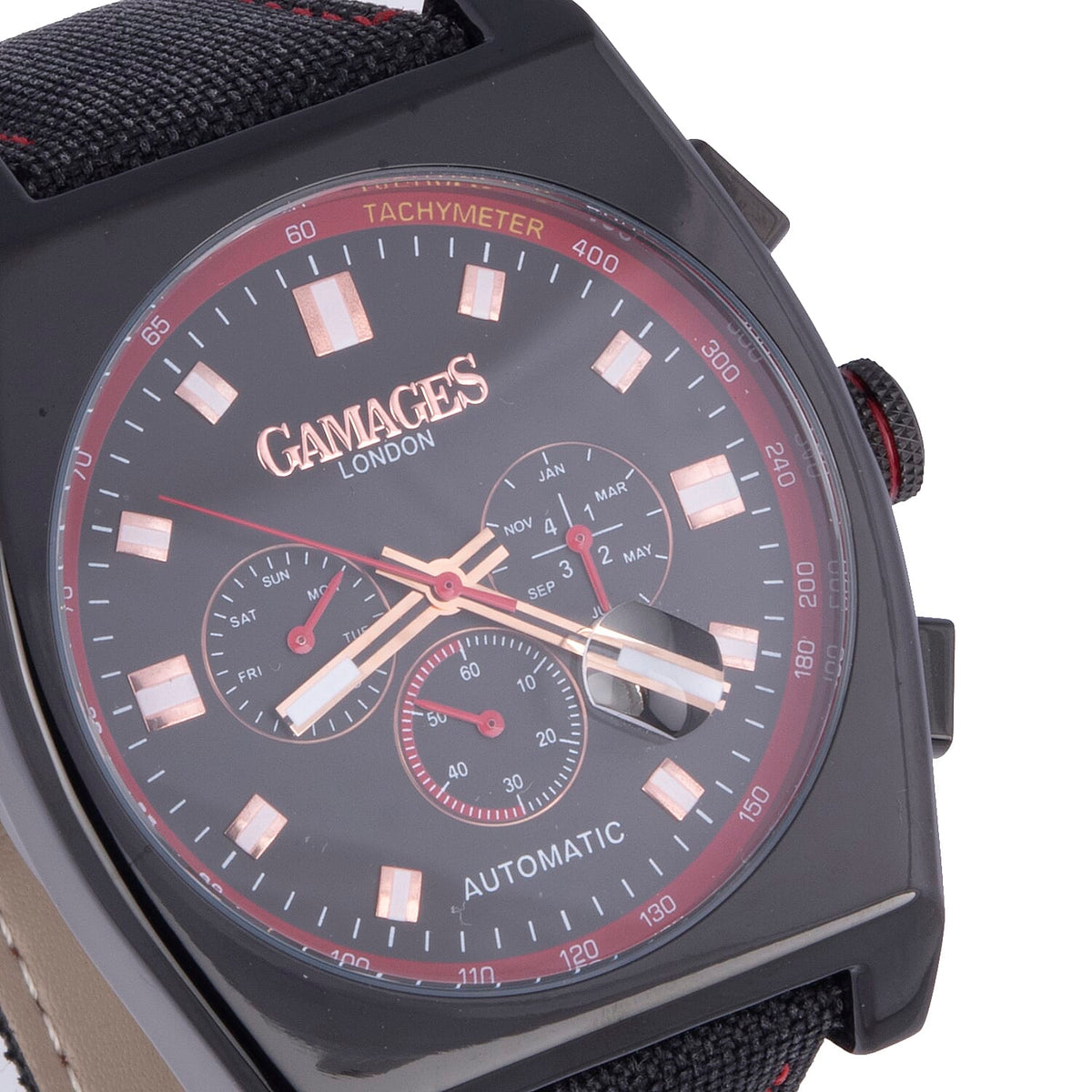 GAMAGES OF LONDON Limited Edition Hand Assembled Retro Calibre Automatic Watch in Black &amp; Red 6280708 3
