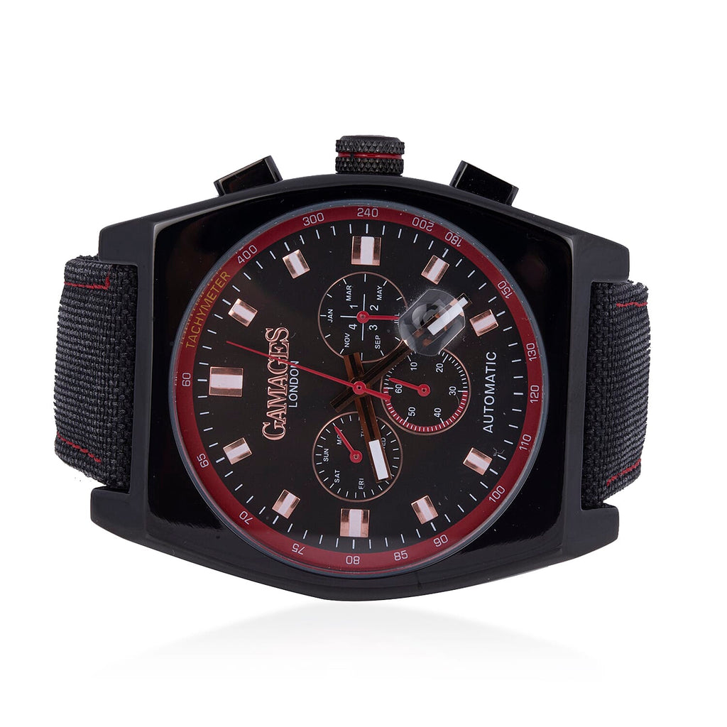 GAMAGES OF LONDON Limited Edition Hand Assembled Retro Calibre Automatic Watch in Black & Red