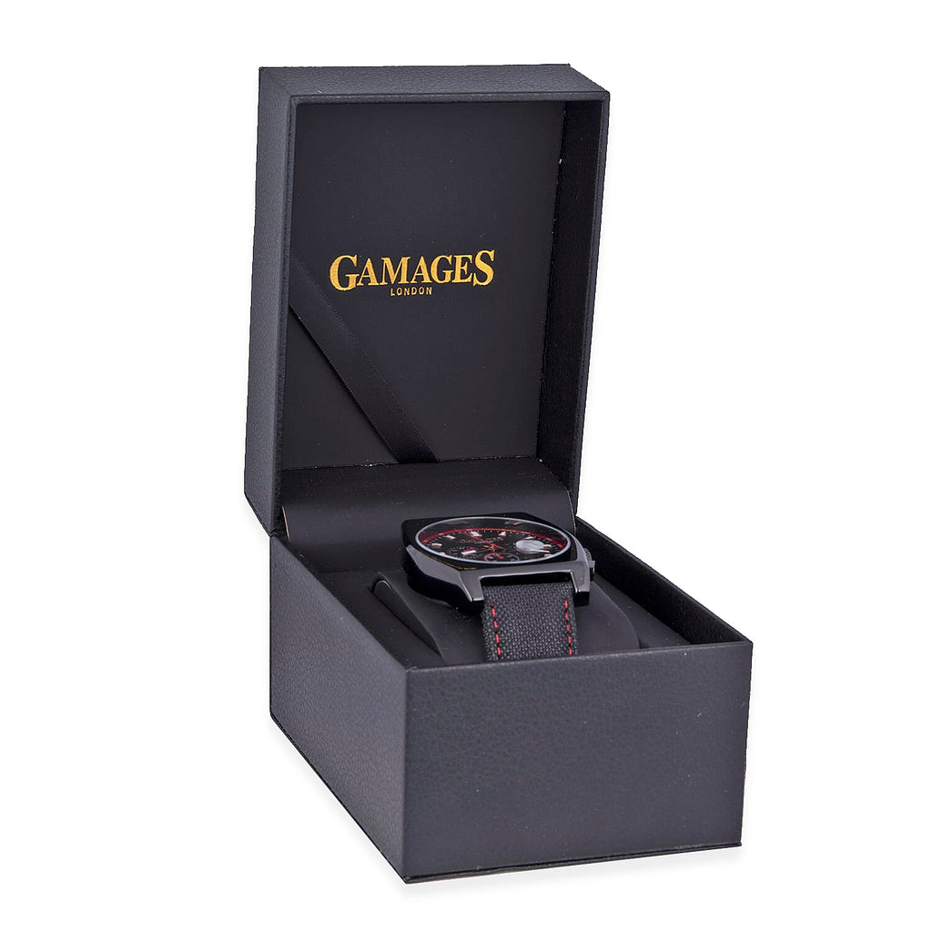GAMAGES OF LONDON Limited Edition Hand Assembled Retro Calibre Automatic Watch in Black & Red