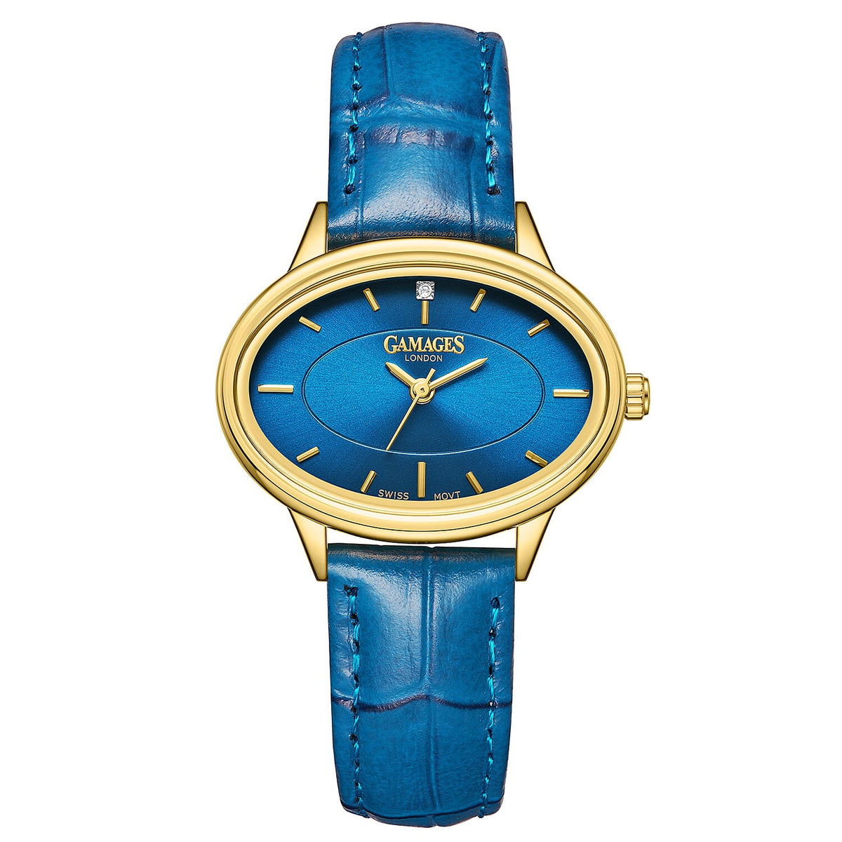 GAMAGES OF LONDON Limited Edition Hand Assembled Swiss Quartz Movement Serene Diamond Blue Dial Ladies Watch with Leather Strap in Gold Blue V32580633 0