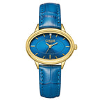 GAMAGES OF LONDON Limited Edition Hand Assembled Swiss Quartz Movement Serene Diamond Blue Dial Ladies Watch with Leather Strap in Gold Blue