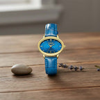 GAMAGES OF LONDON Limited Edition Hand Assembled Swiss Quartz Movement Serene Diamond Blue Dial Ladies Watch with Leather Strap in Gold Blue